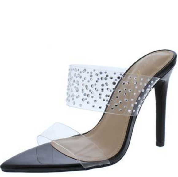 MATA Shoes - Black Clear Lucite Rhinestone Mule Heels | Pointed Toe Stiletto Sexy Transparent
